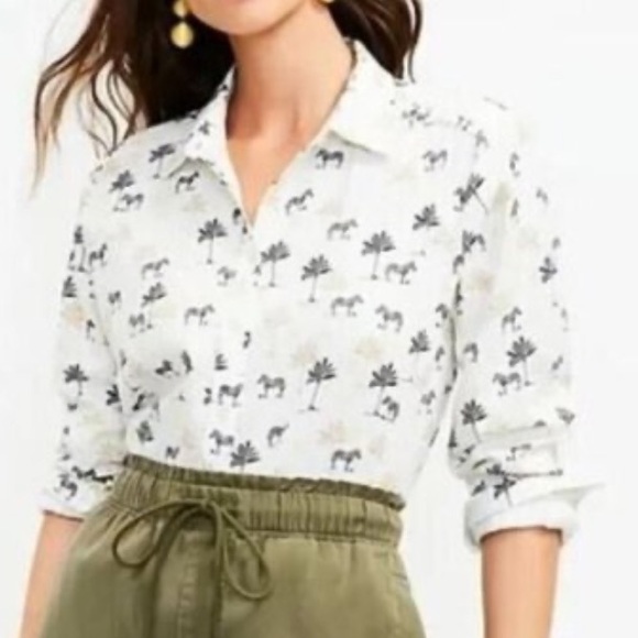 NWT Ann Taylor white button up long sleeve top with zebras and palm trees - Picture 2 of 10